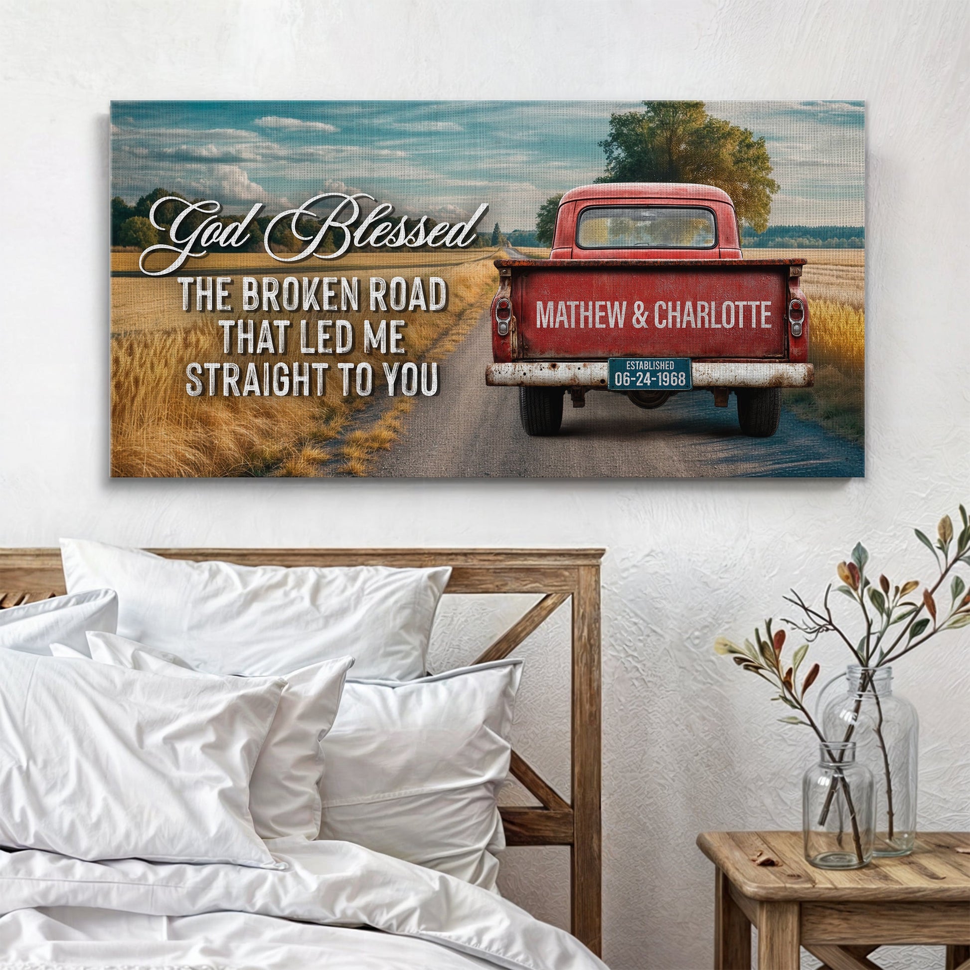 Custom Vintage Truck Sign IV canvas by Tailored Canvases with red truck on country road on Tampa Home & Garden Store