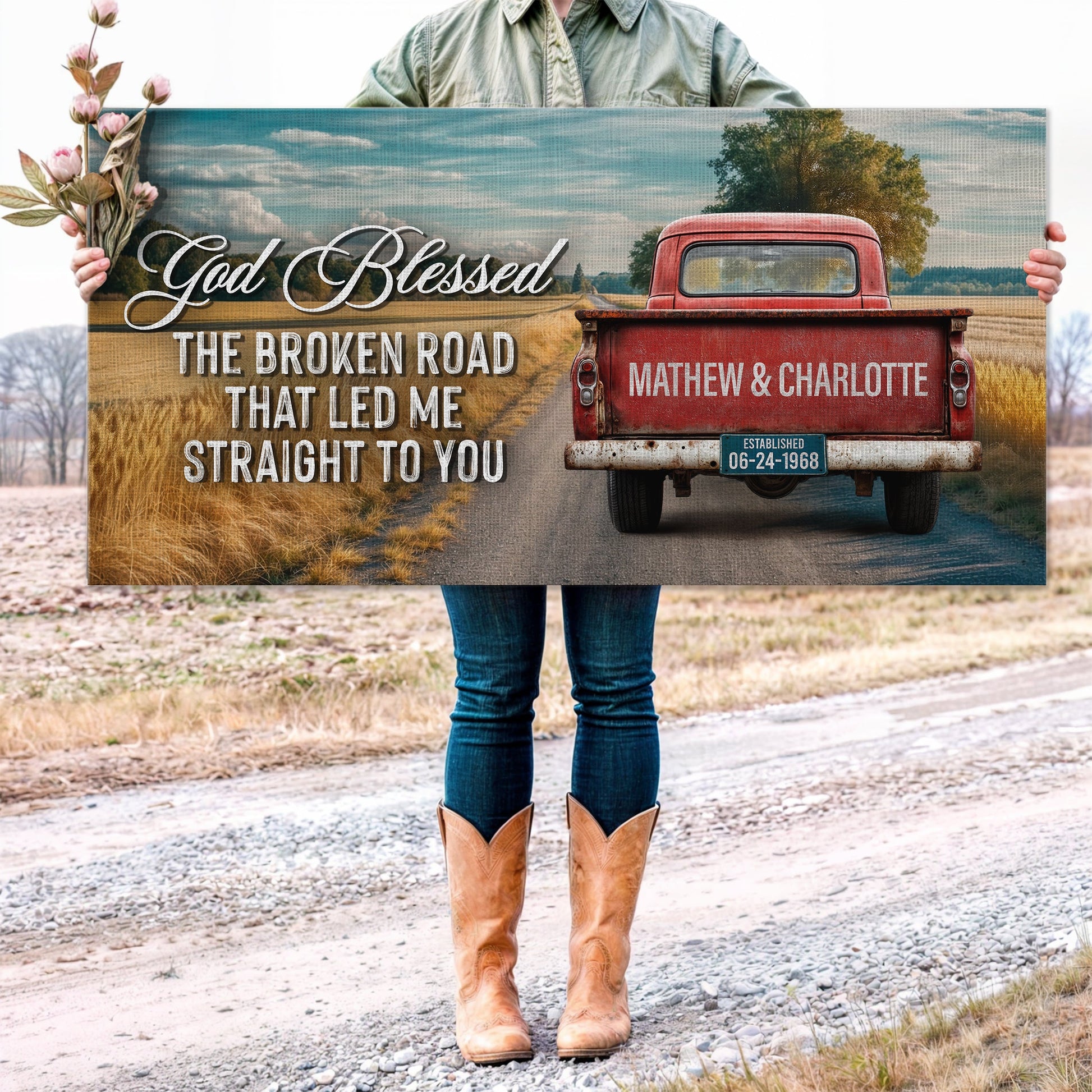 Canvas sign Custom Vintage Truck Couple Sign IV with rustic red truck on road Tailored Canvases on Tampa Home & Garden Store