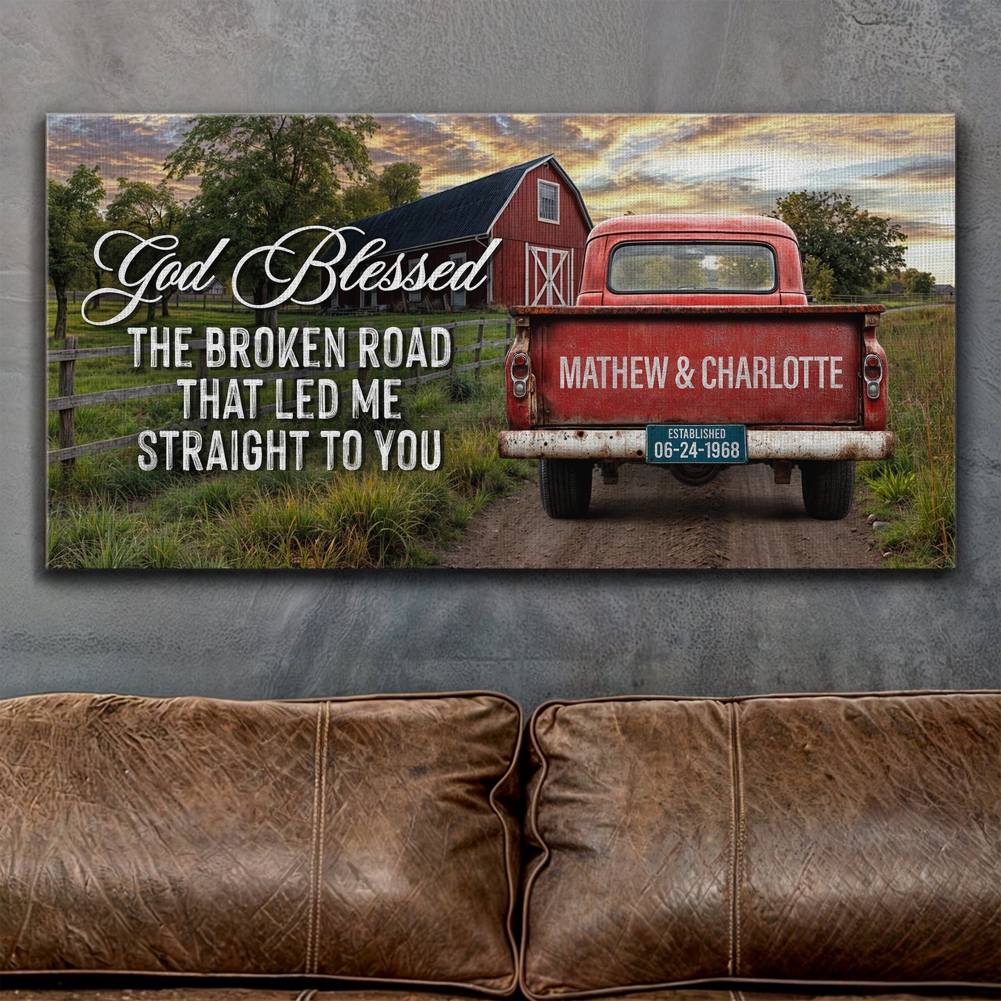 Custom Vintage Truck Sign V canvas with a red pickup and barn in a rural scene on Tampa Home & Garden Store
