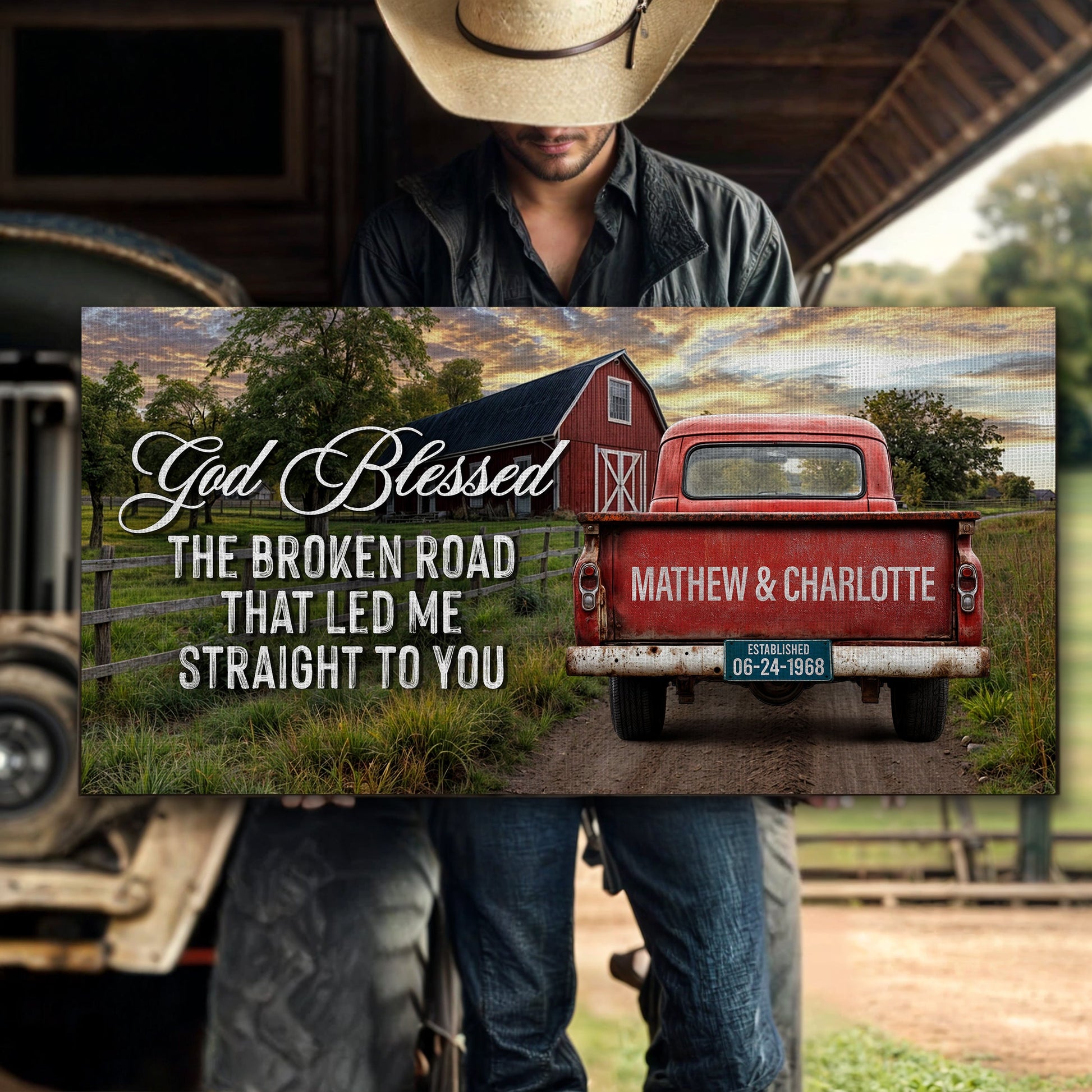 Canvas Custom Vintage Truck Sign V by Tailored Canvases with red barn and truck scene on Tampa Home & Garden Store
