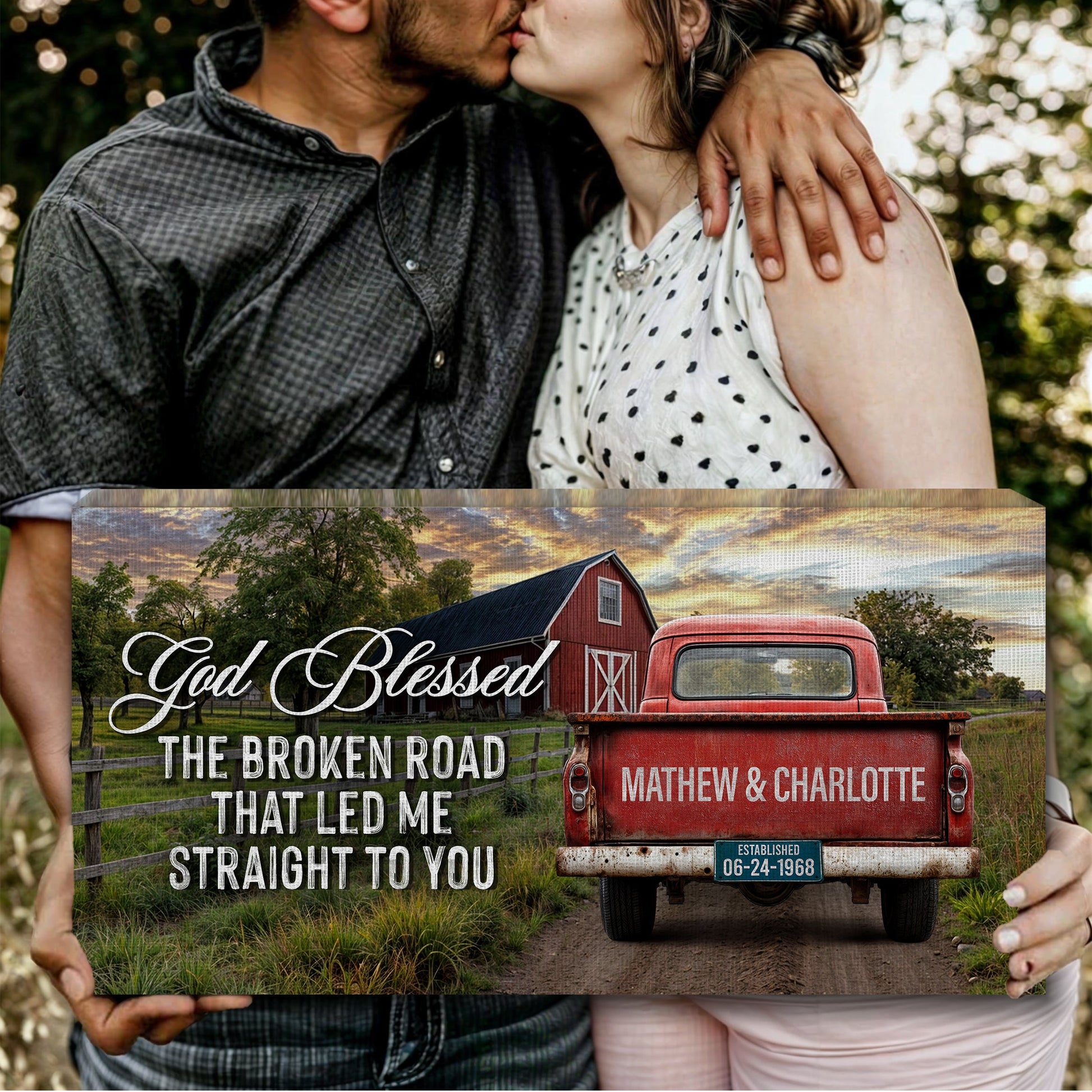 Custom Vintage Truck Couple Sign V canvas with farm scene and red truck Tailored Canvases on Tampa Home & Garden Store