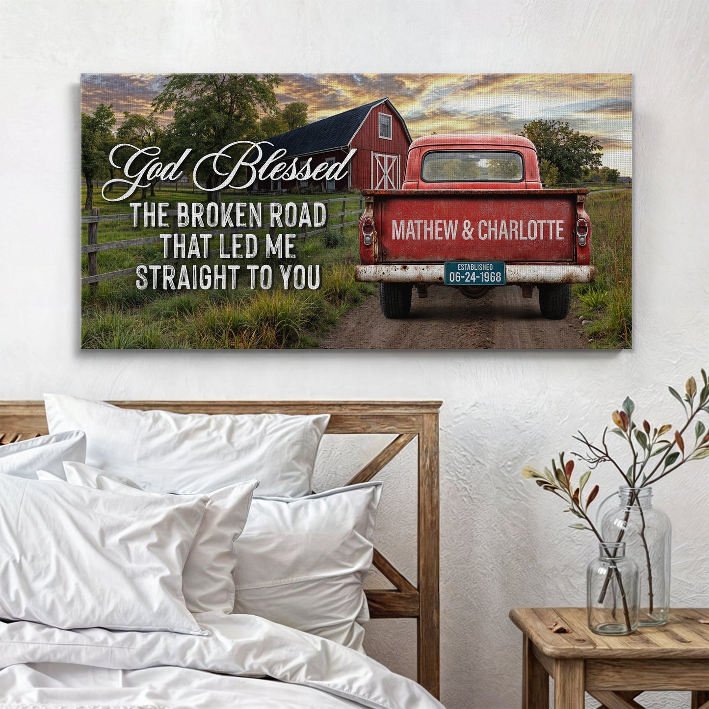 Custom Vintage Truck Couple Sign V canvas with red truck and barn, Mathew & Charlotte on Tampa Home & Garden Store