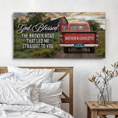 Custom Vintage Truck Couple Sign V canvas with red truck and barn, Mathew & Charlotte on Tampa Home & Garden Store