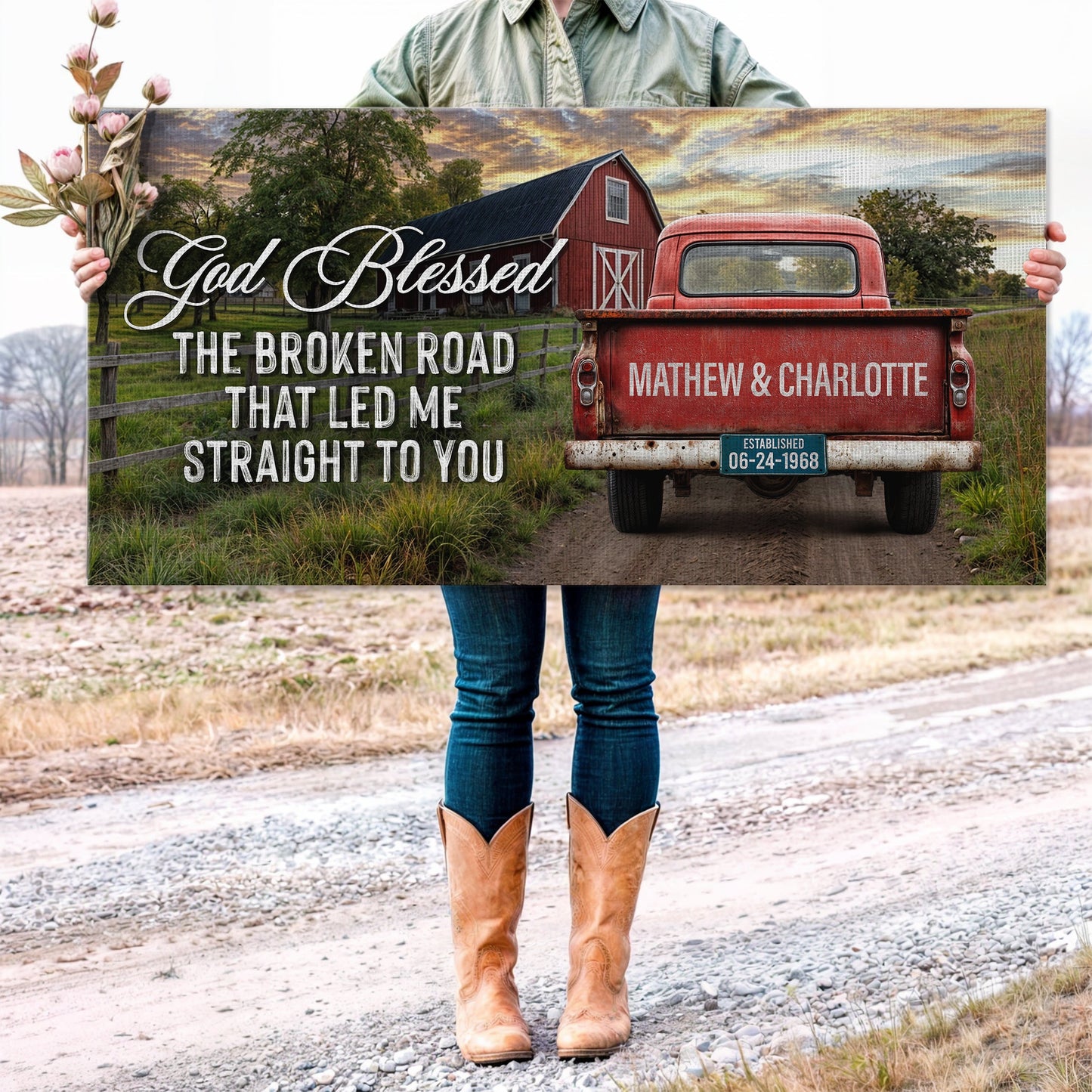 Custom vintage truck sign canvas with red barn and rusted pickup against a country road on Tampa Home & Garden Store