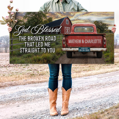 Custom vintage truck sign canvas with red barn and rusted pickup against a country road on Tampa Home & Garden Store