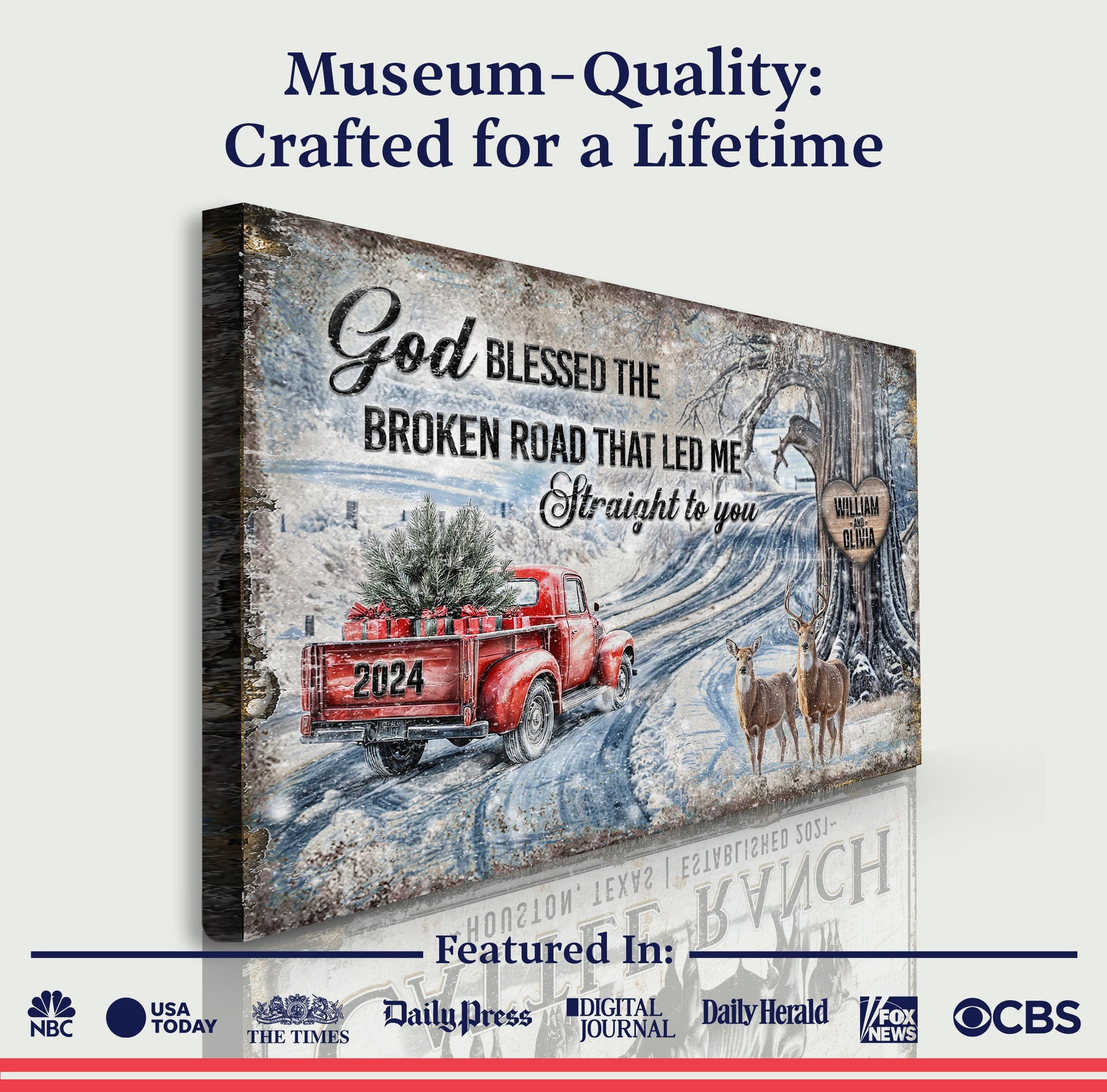 Personalized Christmas canvas sign by Tailored Canvases with scene, red truck and deer on Tampa Home & Garden Store