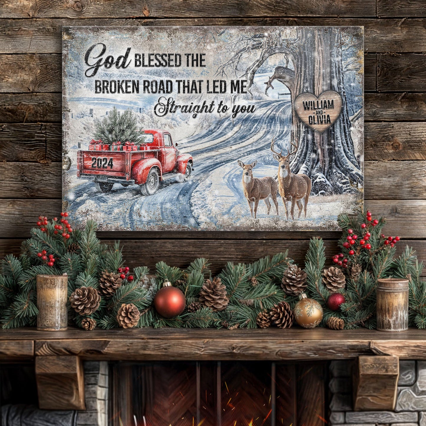 God Blessed Broken Road Christmas Sign canvas red truck deer William and Oliva Tailored Canvases on Tampa Home & Garden Store