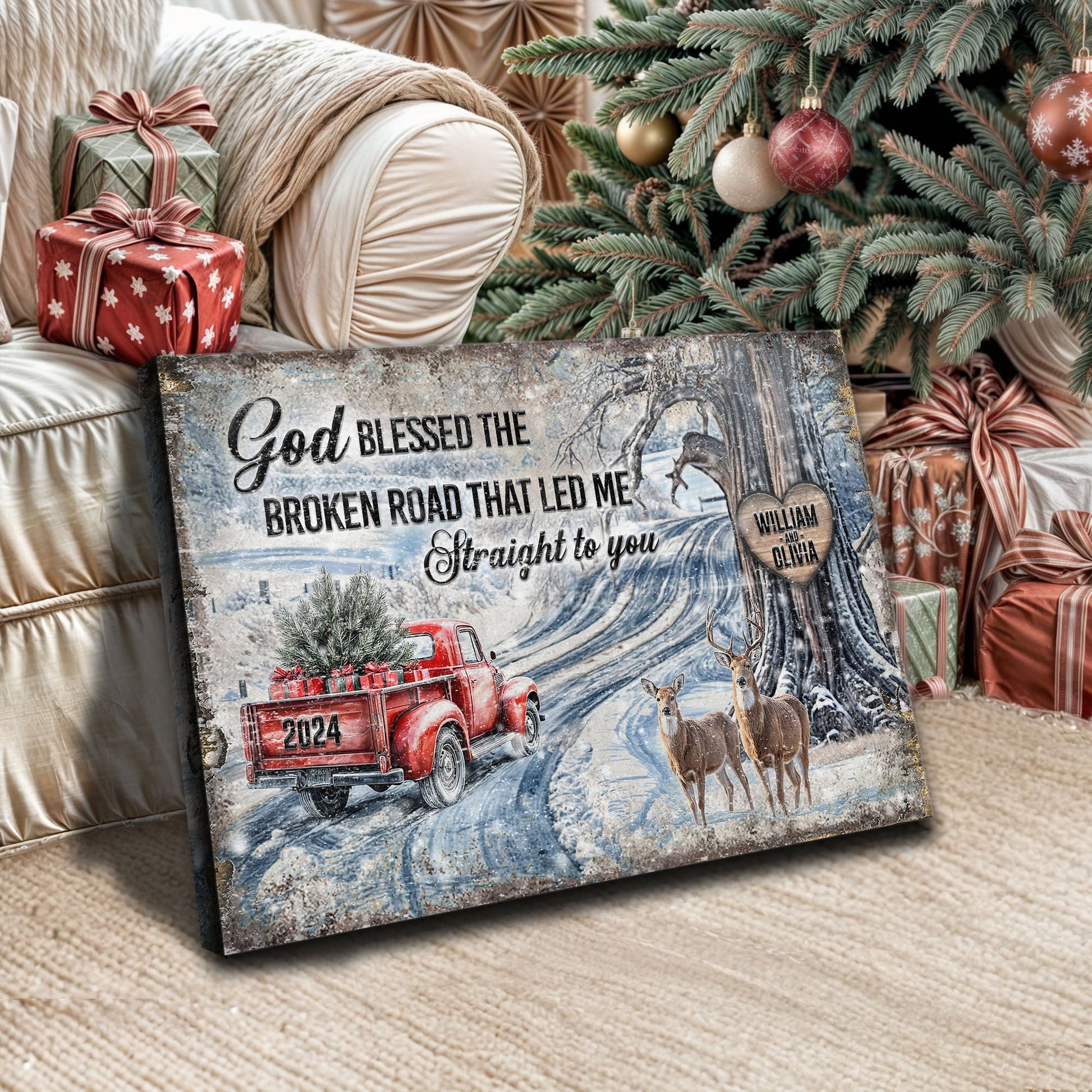 Canvas sign Personalized God Blessed The Broken Road Christmas with winter scene and red truck on Tampa Home & Garden Store