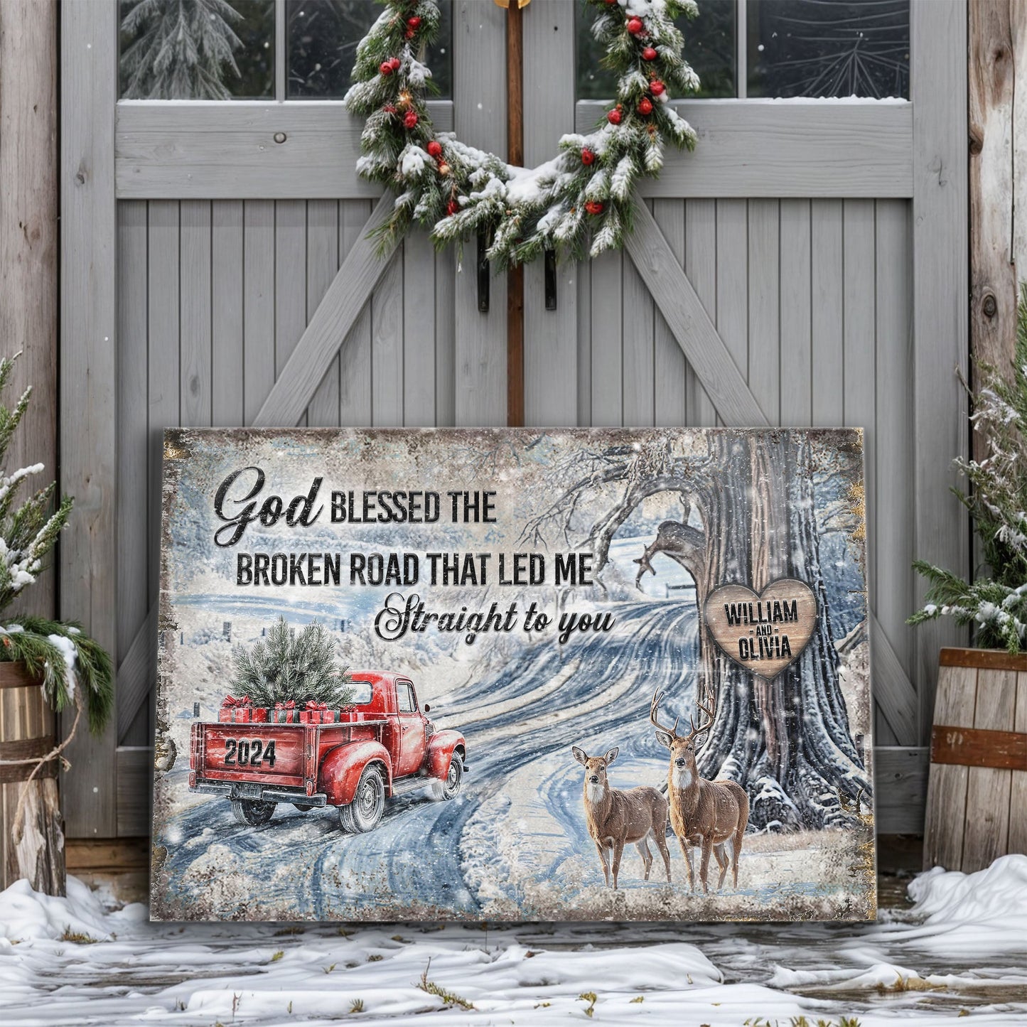 Personalized God Blessed The Broken Road Christmas Sign canvas by Tailored Canvases wintry scene on Tampa Home & Garden Store