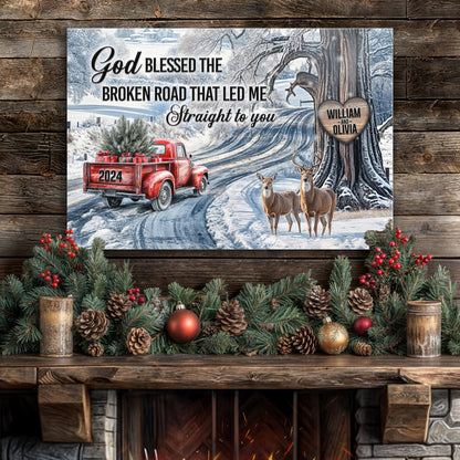 Personalized God Blessed The Broken Road Christmas Sign II canvas with red truck and deer on Tampa Home & Garden Store