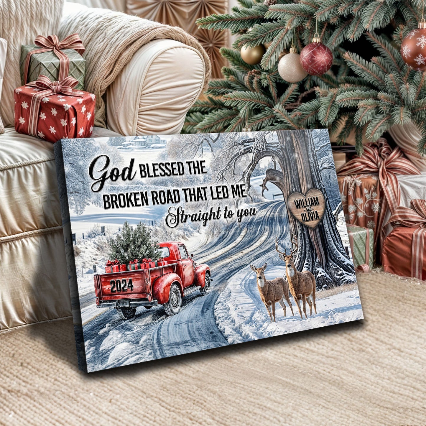 Personalized God Blessed The Broken Road Christmas Sign II canvas with snowy scene and deer on Tampa Home & Garden Store