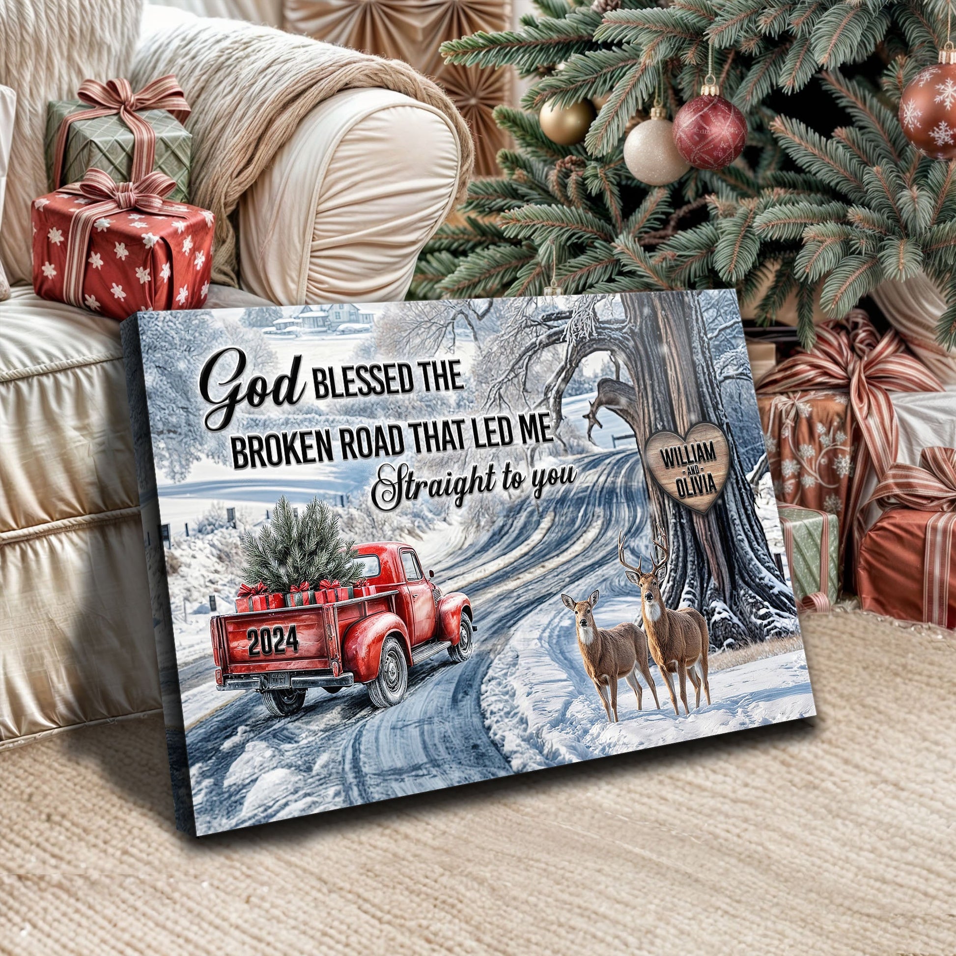 Personalized God Blessed The Broken Road Christmas Sign II canvas with snowy scene and deer on Tampa Home & Garden Store