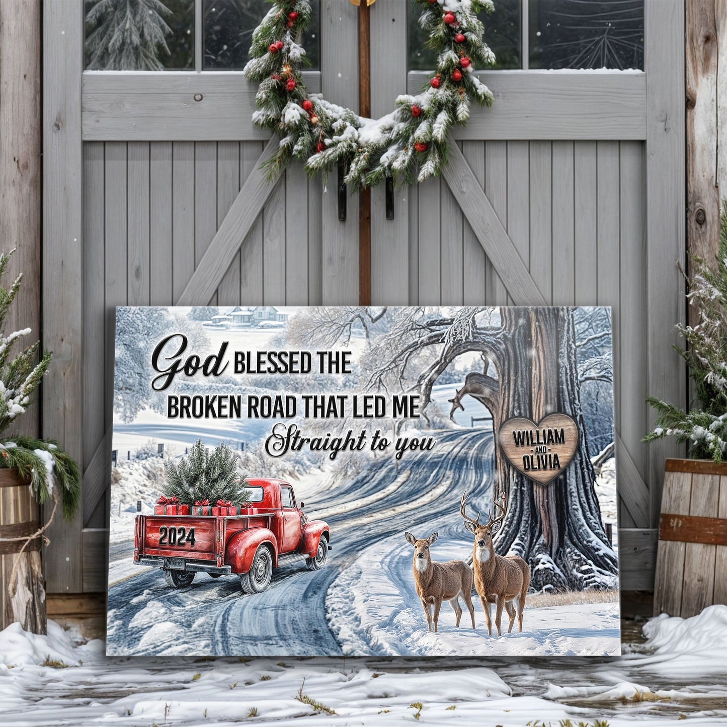 Personalized God Blessed The Broken Road canvas with snowy winter scene, red truck on Tampa Home & Garden Store