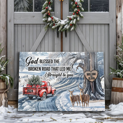 Personalized God Blessed The Broken Road canvas with snowy winter scene, red truck on Tampa Home & Garden Store