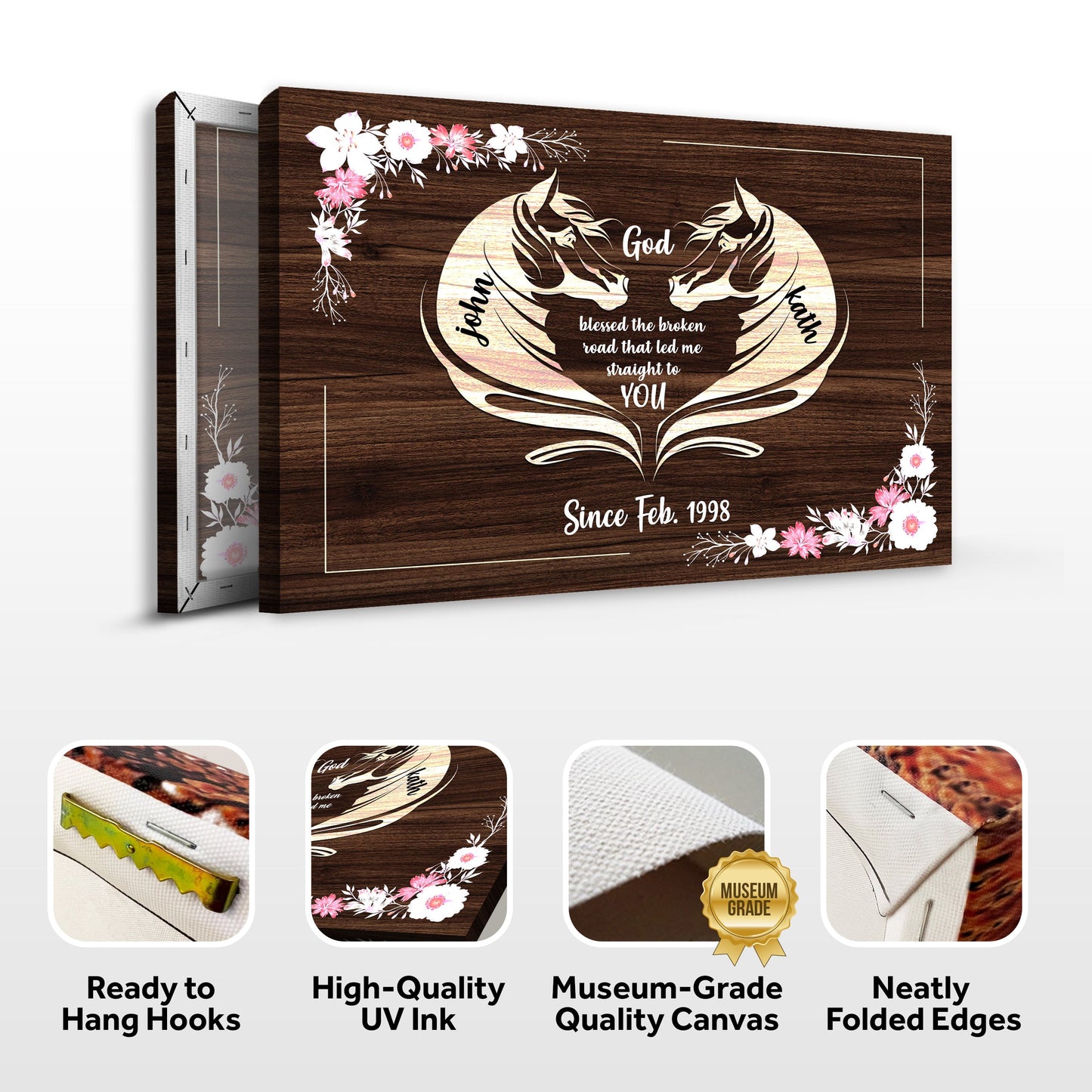 Horse Couple Sign II canvas by Tailored Canvases with wood grain, floral border, entwined horses on Tampa Home & Garden Store
