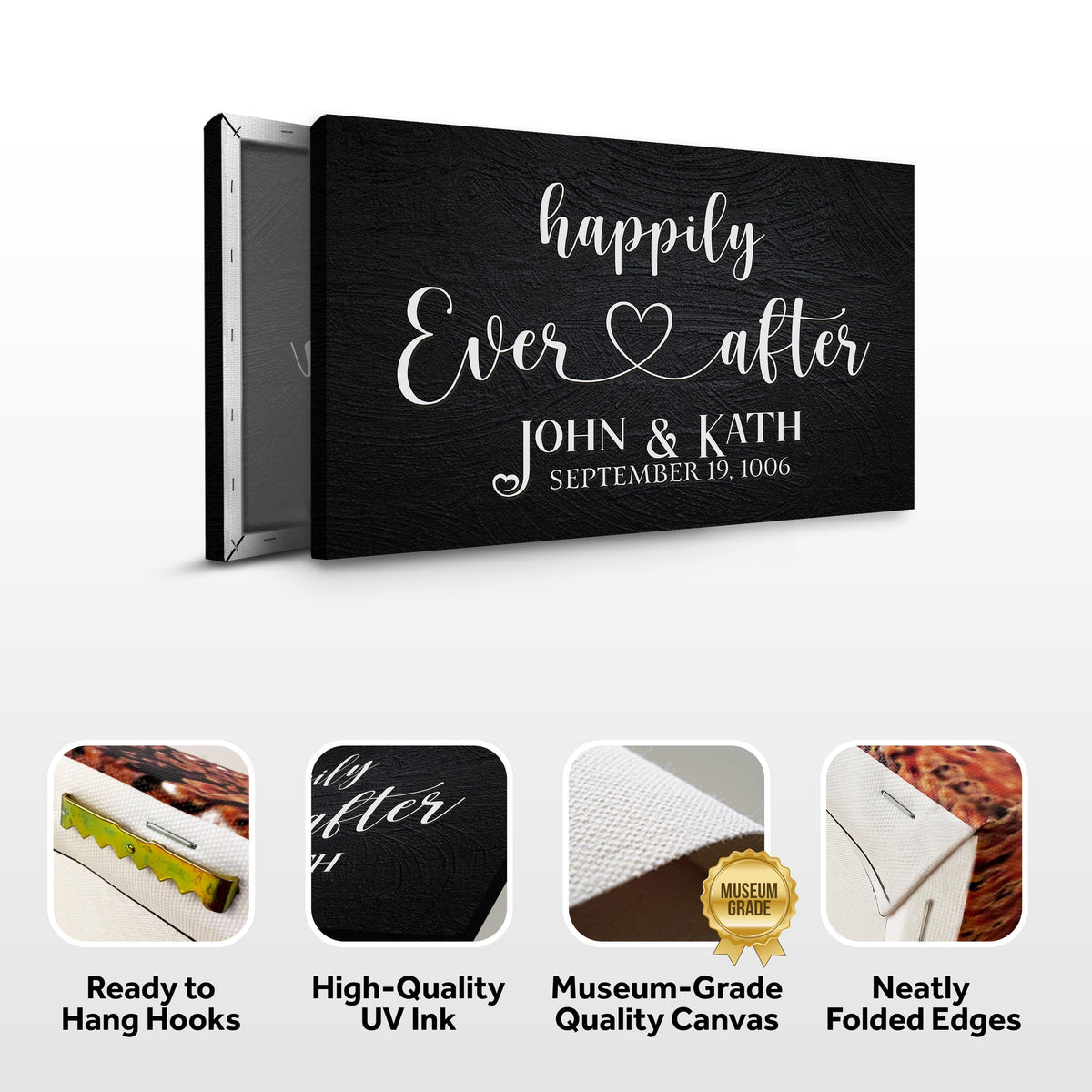 Happily Ever After couple sign canvas by Tailored Canvases in black with white script names on Tampa Home & Garden Store