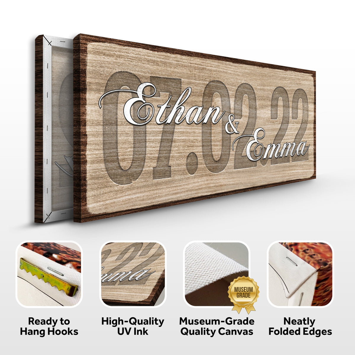 Couple Wedding Date Sign canvas with Ethan & Emma cursive names on rustic woodgrain background on Tampa Home & Garden Store