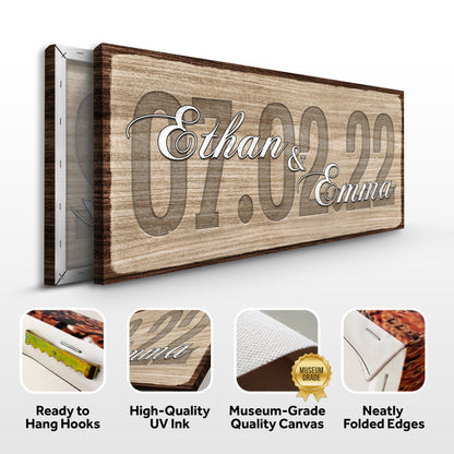 Couple Wedding Date Sign canvas with Ethan & Emma cursive names on rustic woodgrain background on Tampa Home & Garden Store