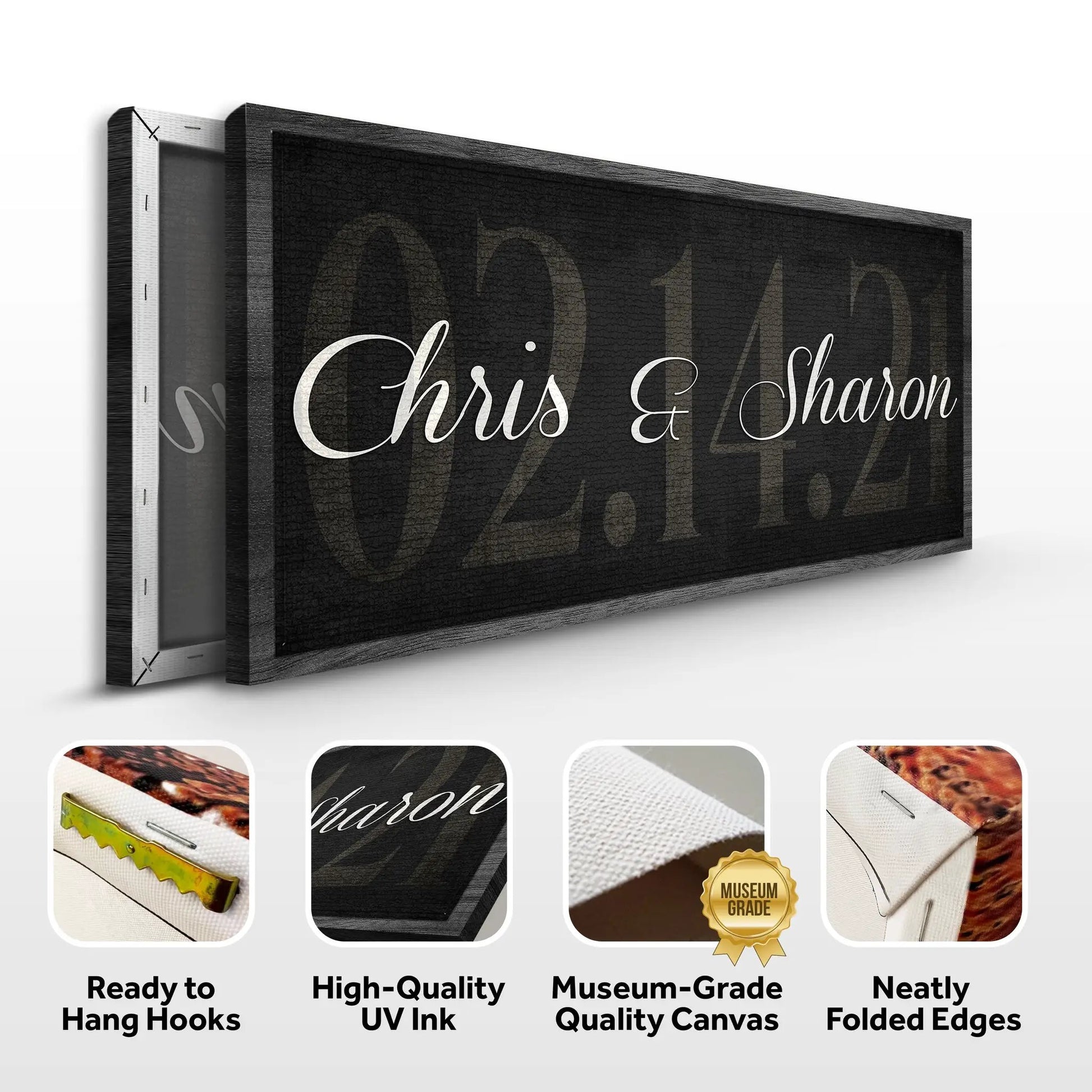 Wedding Date Sign canvas by Tailored Canvases, black surface with white script Chris & Sharon on Tampa Home & Garden Store