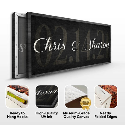 Wedding Date Sign canvas by Tailored Canvases, black surface with white script Chris & Sharon on Tampa Home & Garden Store