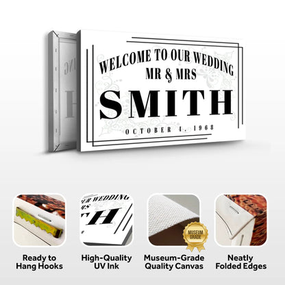 Canvas wedding sign reading WELCOME TO OUR WEDDING MR & MRS SMITH with swirls and border on Tampa Home & Garden Store