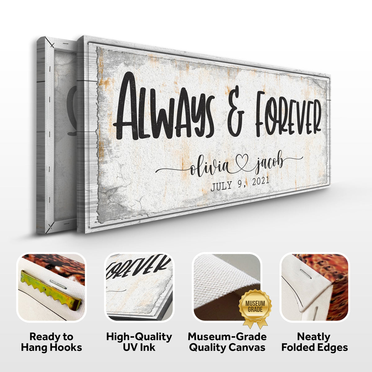 Always & Forever couple sign canvas with gray background, Olivia & Jacob, July 9, 2021 on Tampa Home & Garden Store