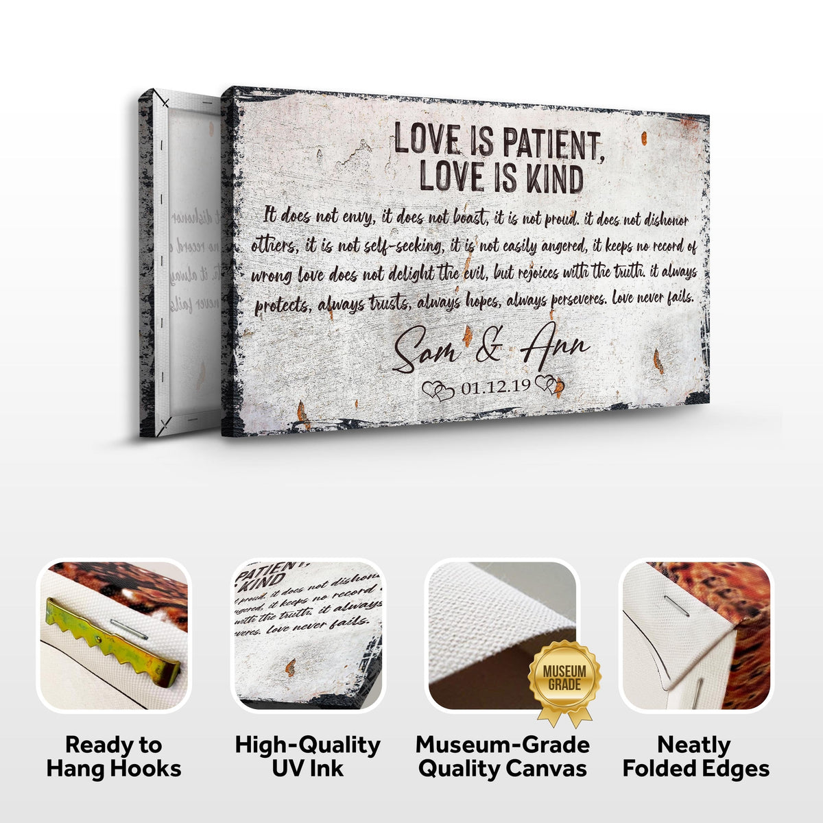 Love Is Patient, Love Is Kind sign on rustic distressed white canvas by Tailored Canvases on Tampa Home & Garden Store