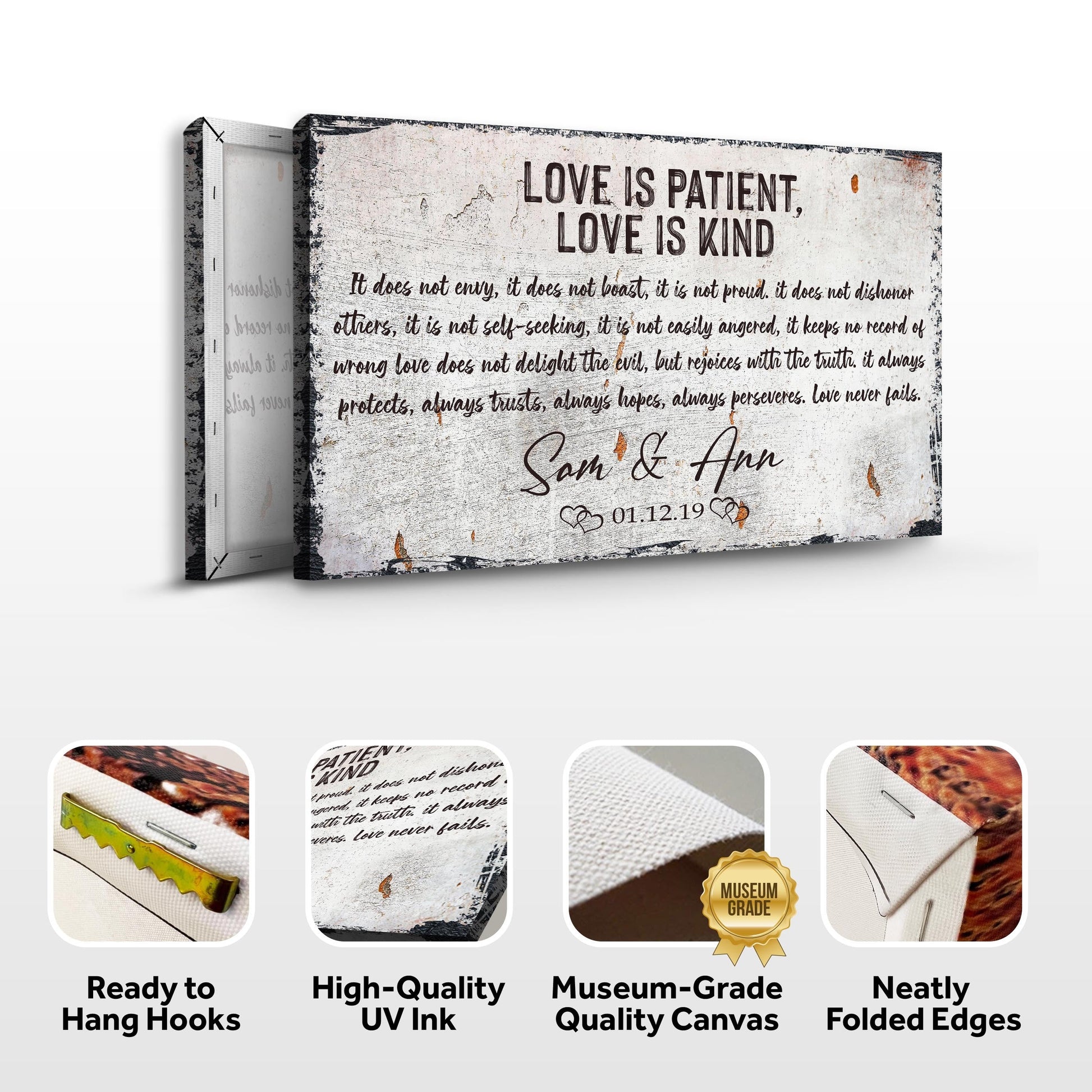 Love Is Patient, Love Is Kind sign on rustic distressed white canvas by Tailored Canvases on Tampa Home & Garden Store