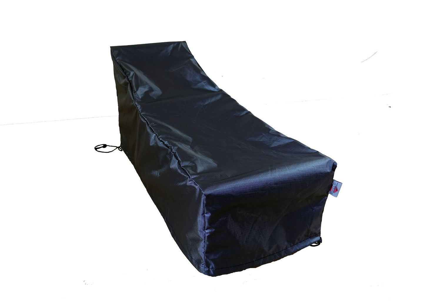 Chaise lounge cover in dark navy waterproof fabric with drawstring closure and Shield Outdoor Covers tag on Tampa Home & Garden Store
