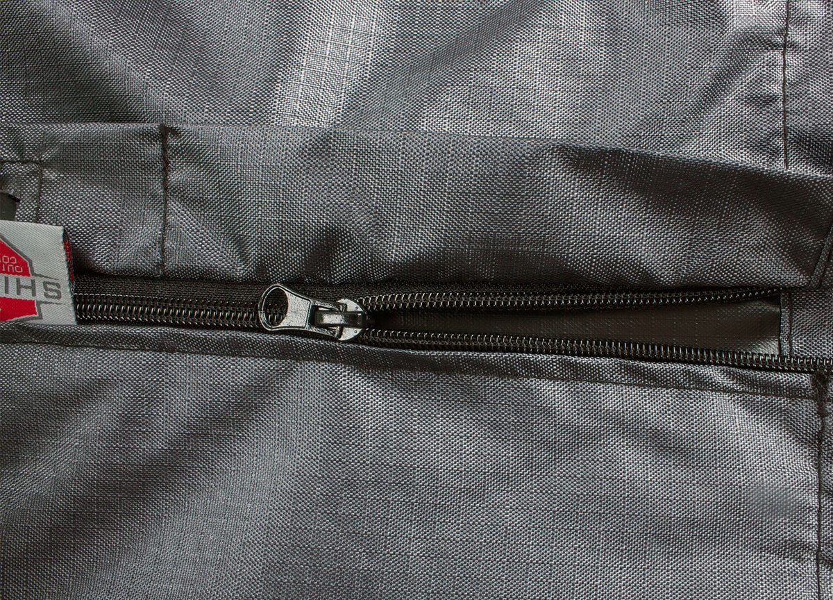 Umbrella cover AG28 Market Mercury fabric with zipper closure and Shield Outdoor Covers tag on Tampa Home & Garden Store