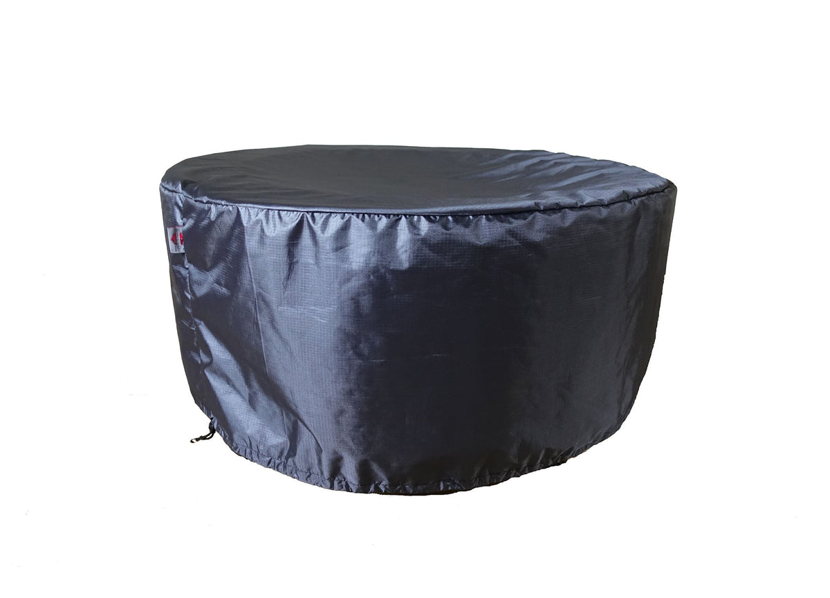Round fire table cover Mercury navy fabric 53 dia x 25 H Shield Outdoor Covers tag on Tampa Home & Garden Store