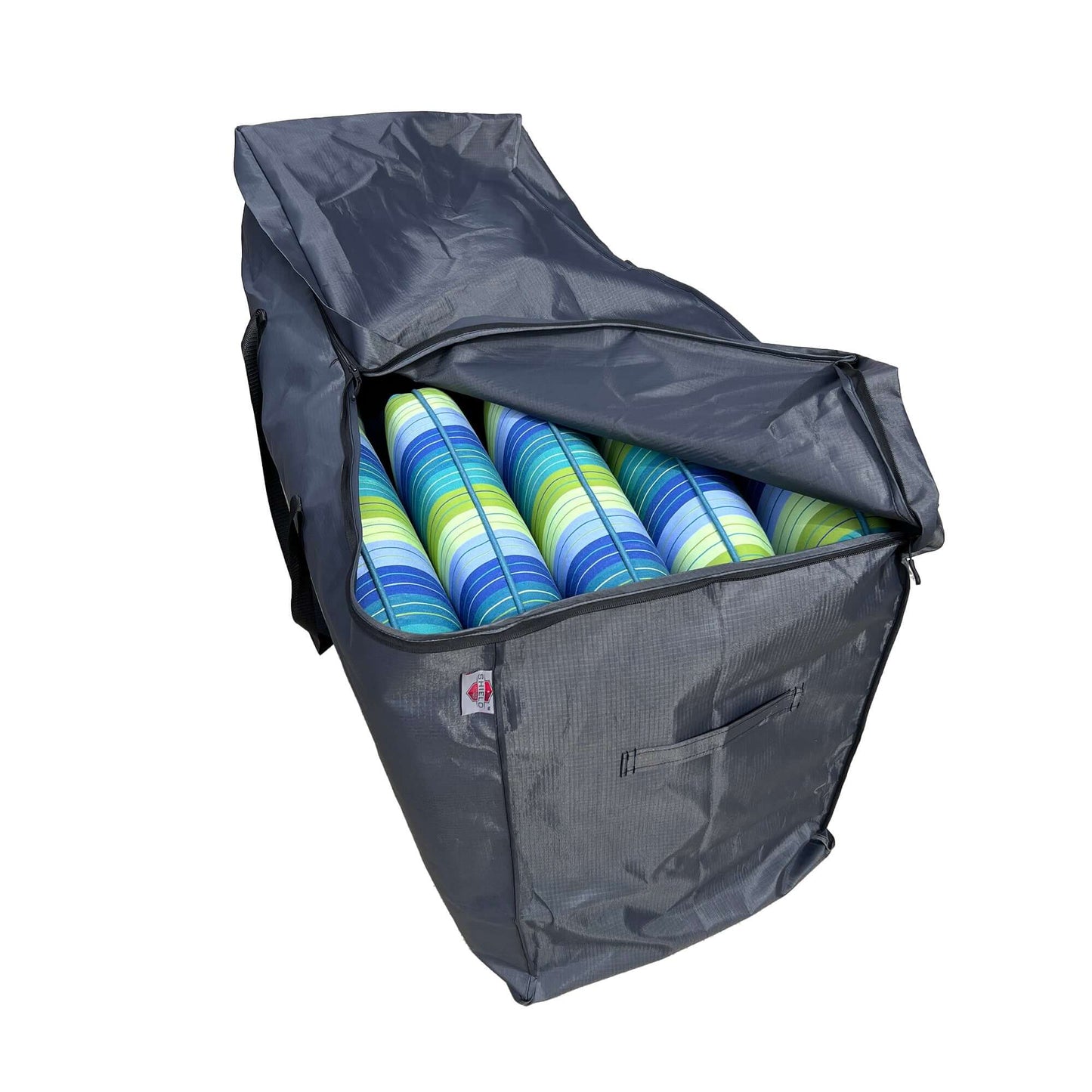 Chair cushion storage bag Mercury by Shield Outdoor Covers, gray bag open with striped cushions on Tampa Home & Garden Store