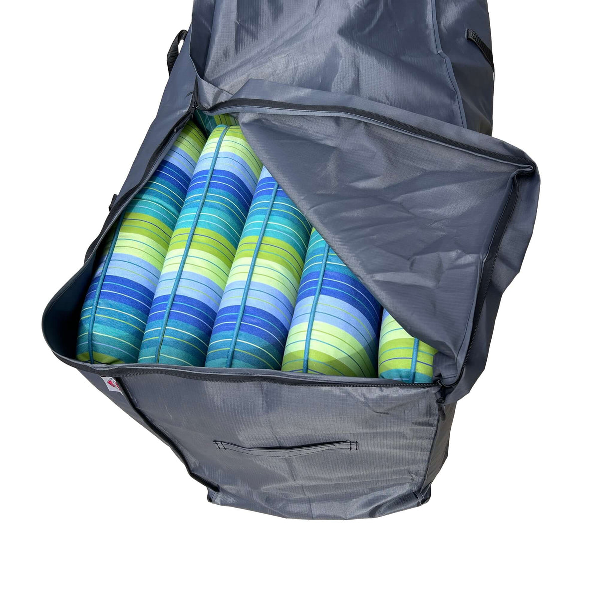 Chair cushion bag Mercury Shield Outdoor Covers opened to reveal striped cushions on Tampa Home & Garden Store