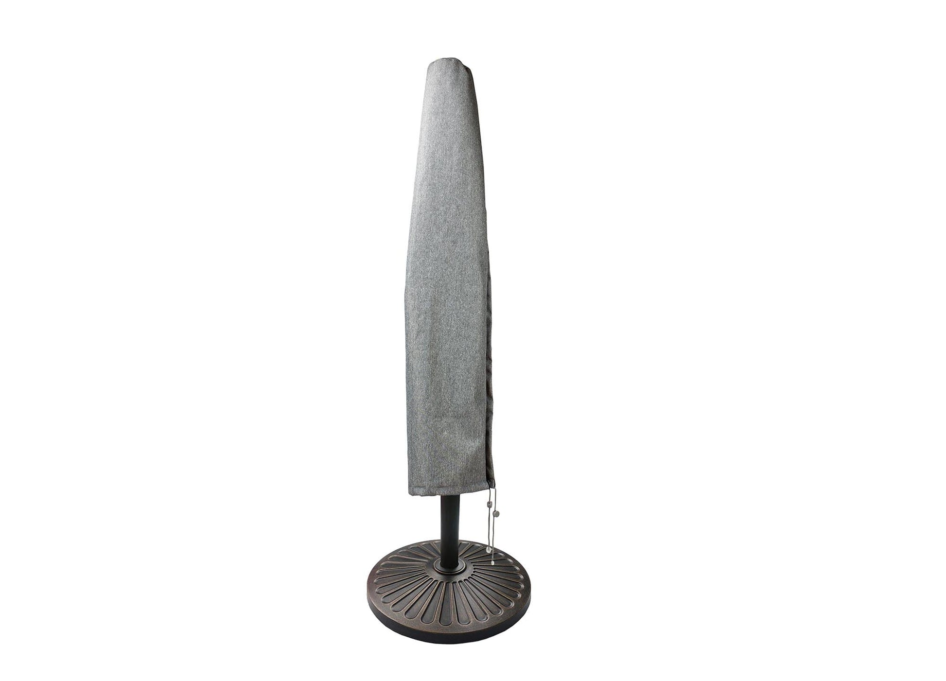 Umbrella cover for market-style round umbrella in platinum gray fabric on Tampa Home & Garden Store
