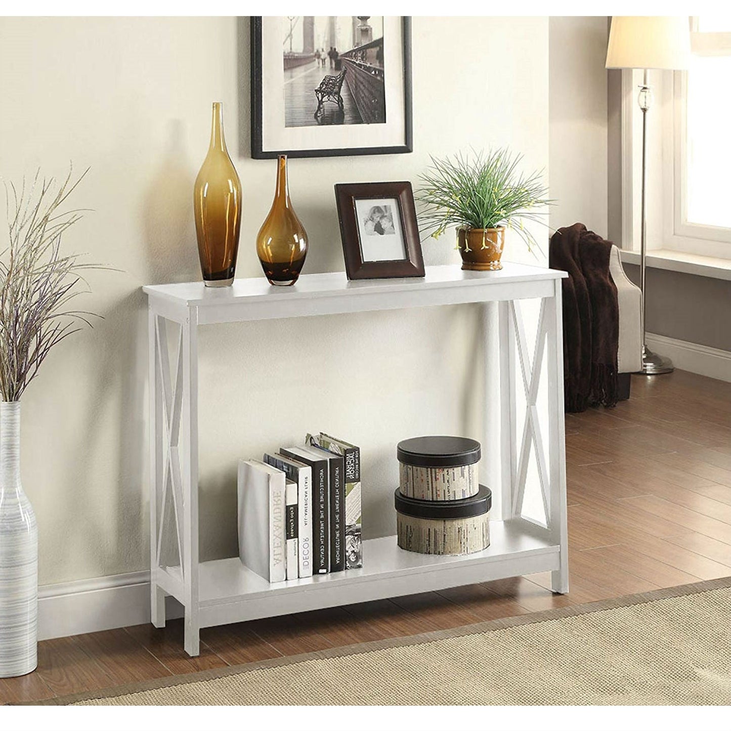 Mesa de sofá consola de madera blanca con estante de almacenamiento inferior