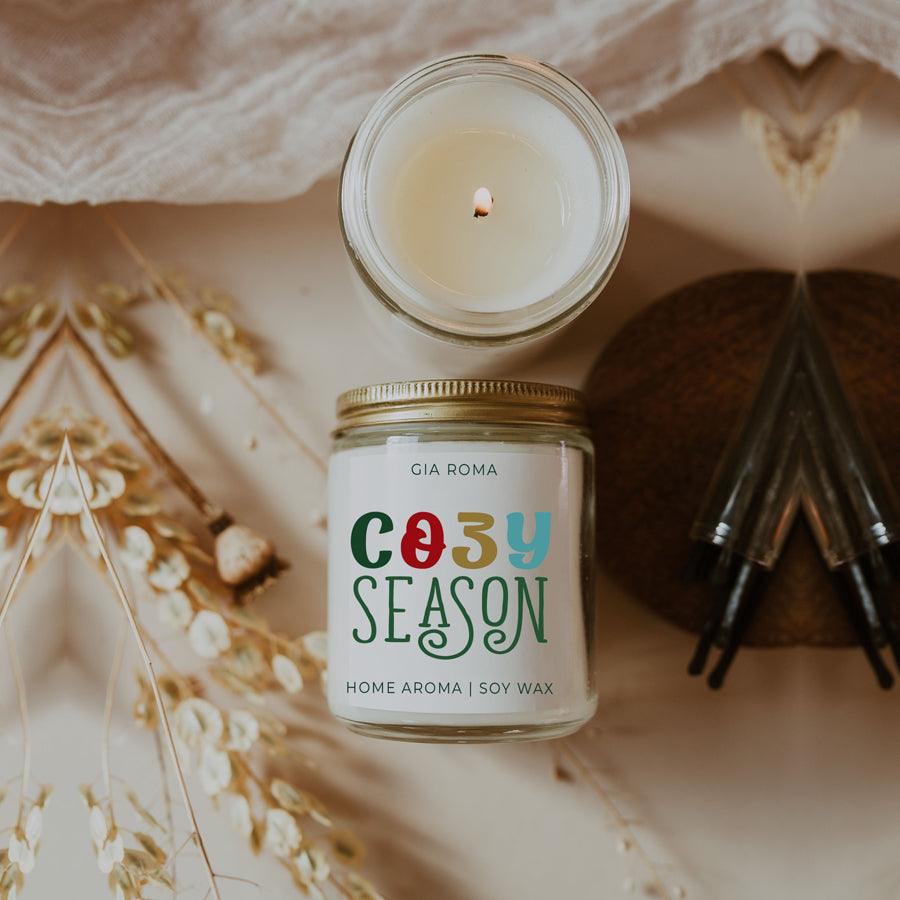 Candle Gia Roma Cozy Season soy wax candle in glass jar with colorful label on Tampa Home & Garden Store