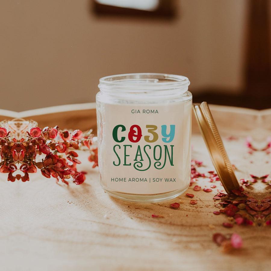 Cozy Season Candle by Gia Roma in clear glass jar with soy wax on Tampa Home & Garden Store