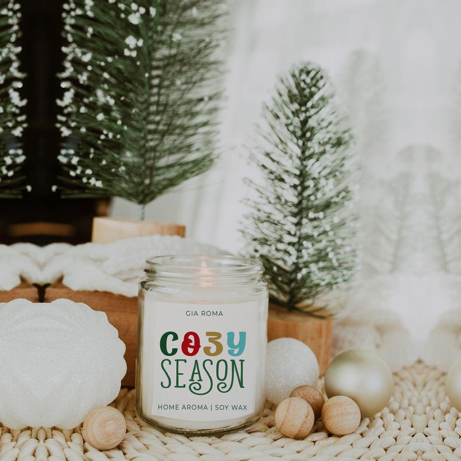 Cozy Season Candle by Gia Roma in a clear glass jar with a colorful label on Tampa Home & Garden Store