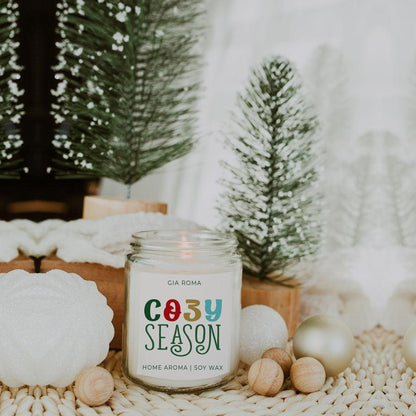 Cozy Season Candle by Gia Roma in a clear glass jar with a colorful label on Tampa Home & Garden Store