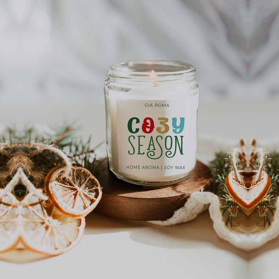 Cozy Season candle by Gia Roma in a clear glass jar with a colorful label and soy wax on Tampa Home & Garden Store