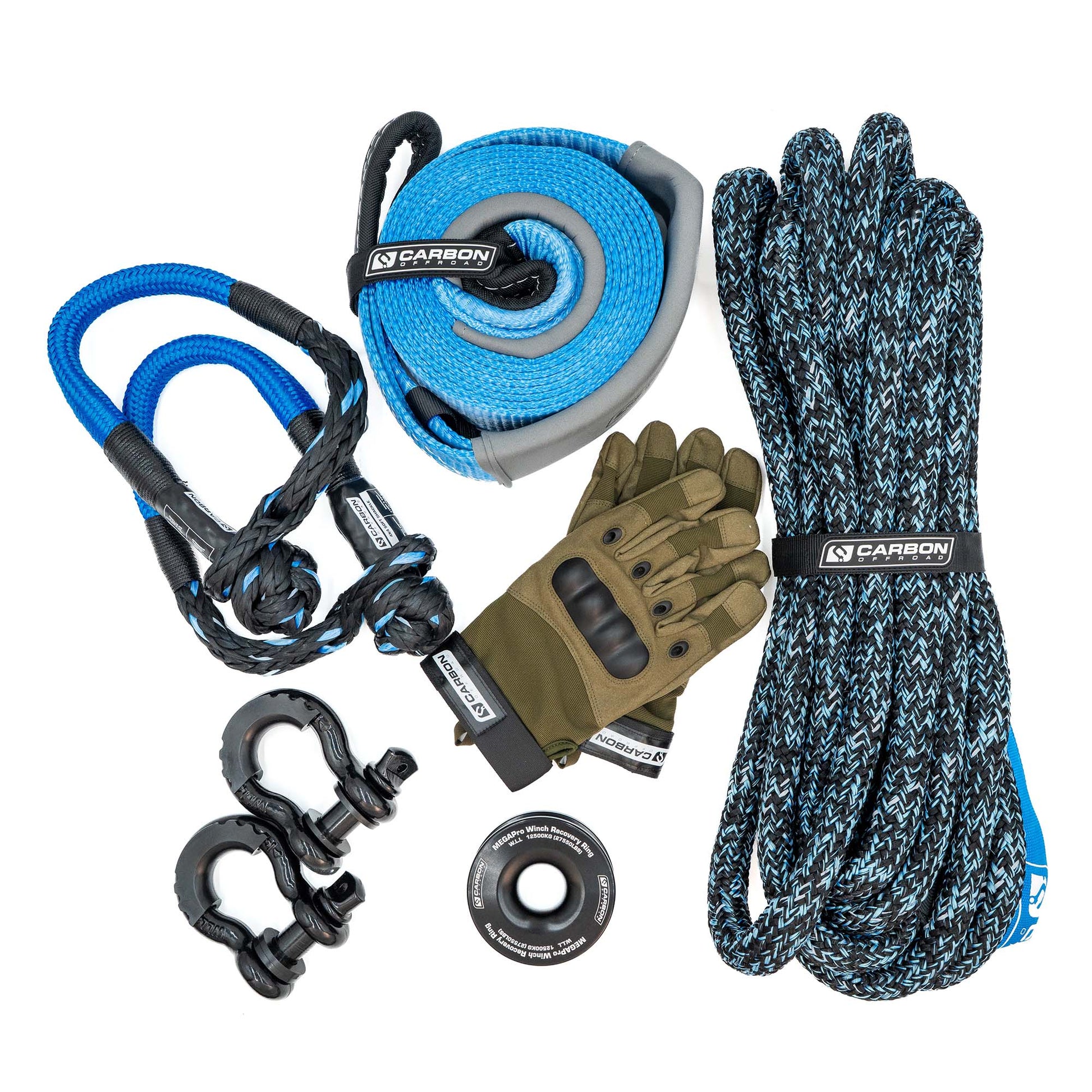 Essential 4x4 Recovery Kit by Carbon Offroad USA with blue winch line, braided tow rope on Tampa Home & Garden Store