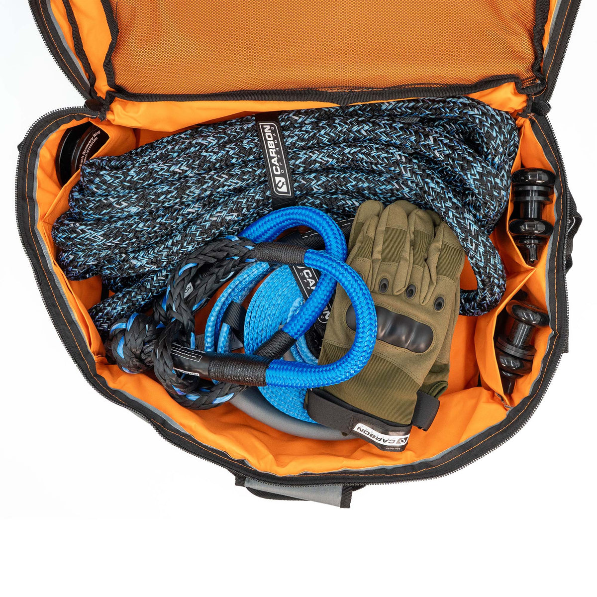 Essential 4x4 Recovery Kit by Carbon Offroad USA; orange case with blue braided recovery ropes on Tampa Home & Garden Store