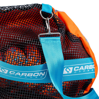 High-Vis Large Vehicle Kinetic Recovery Rope with blue strap and metal D-ring in mesh bag on Tampa Home & Garden Store