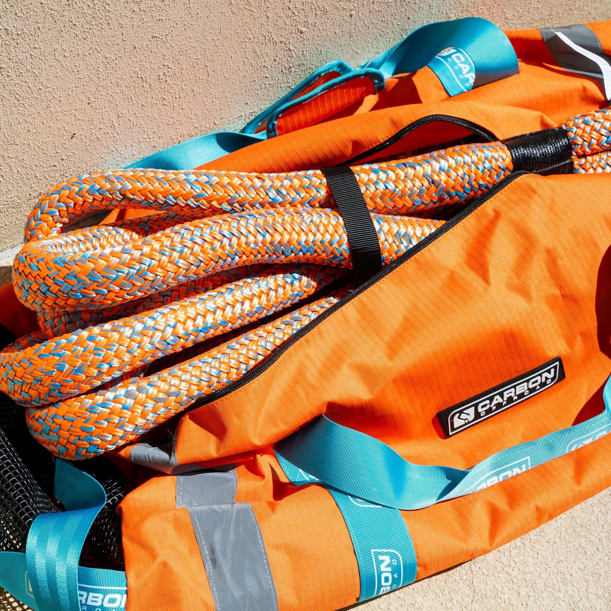 High-Vis Large Vehicle Kinetic Recovery Rope with teal straps by Carbon Offroad USA on Tampa Home & Garden Store