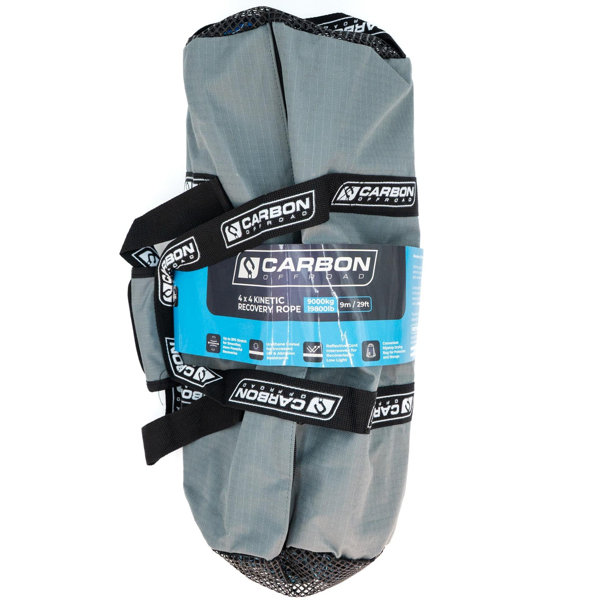 4x4 Kinetic Recovery Rope in gray pouch with black Carbon Offroad straps and logo on Tampa Home & Garden Store