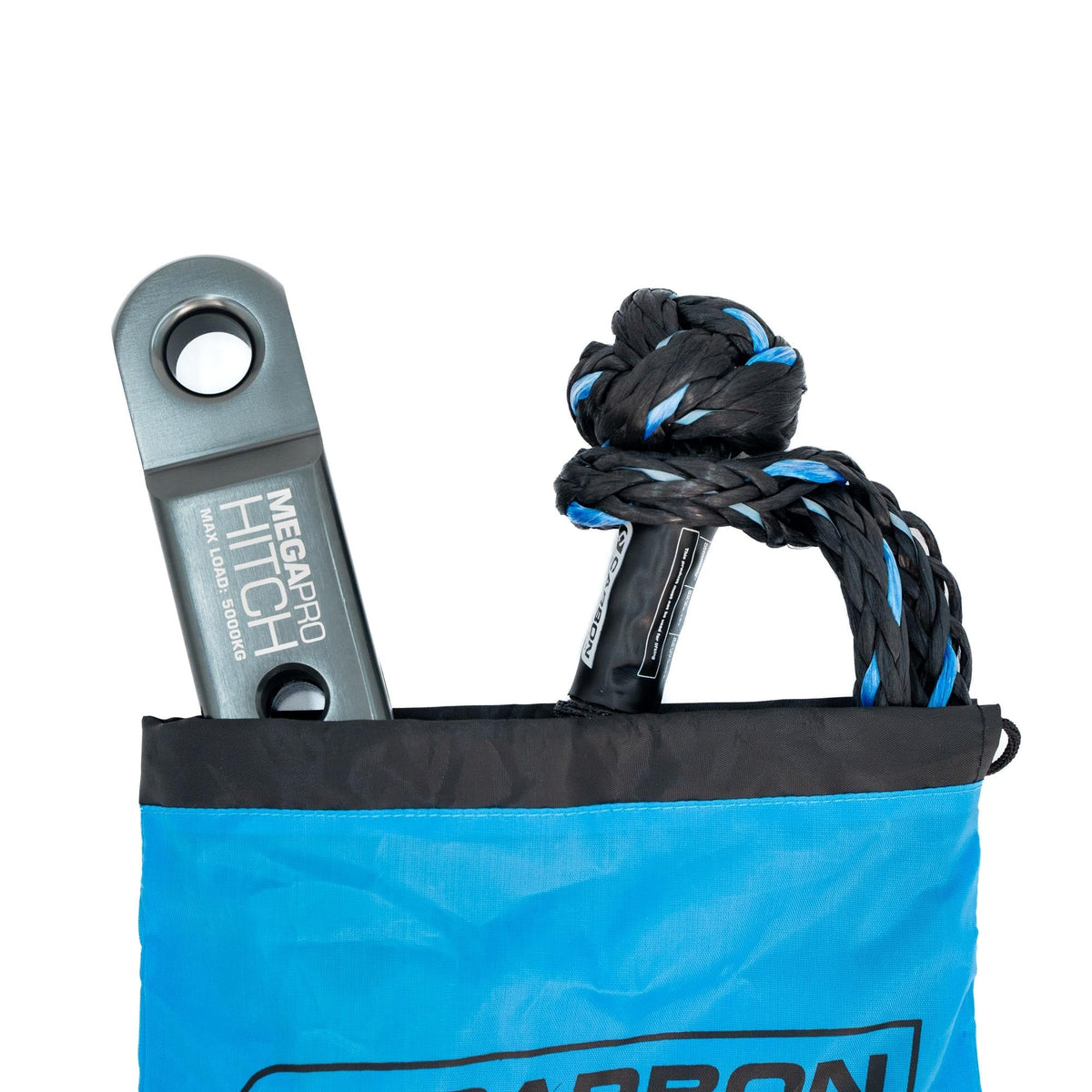 Recovery hitch and soft shackle combo by Carbon Offroad USA with gray hitch and braided rope on Tampa Home & Garden Store