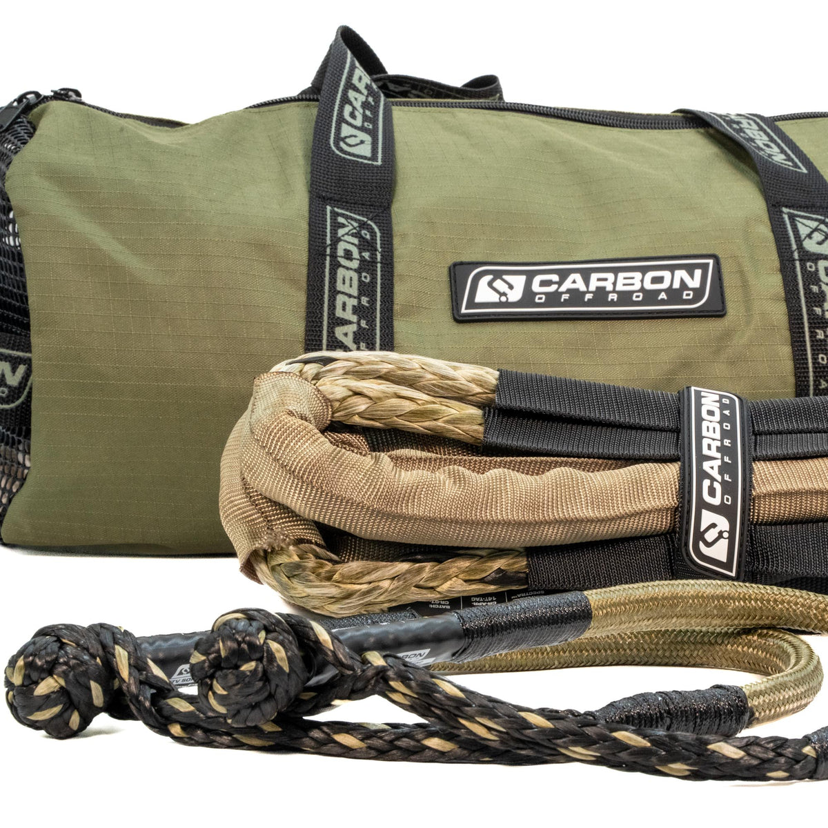 TAC recovery rope and soft shackle combo in olive bag Carbon Offroad branding on Tampa Home & Garden Store