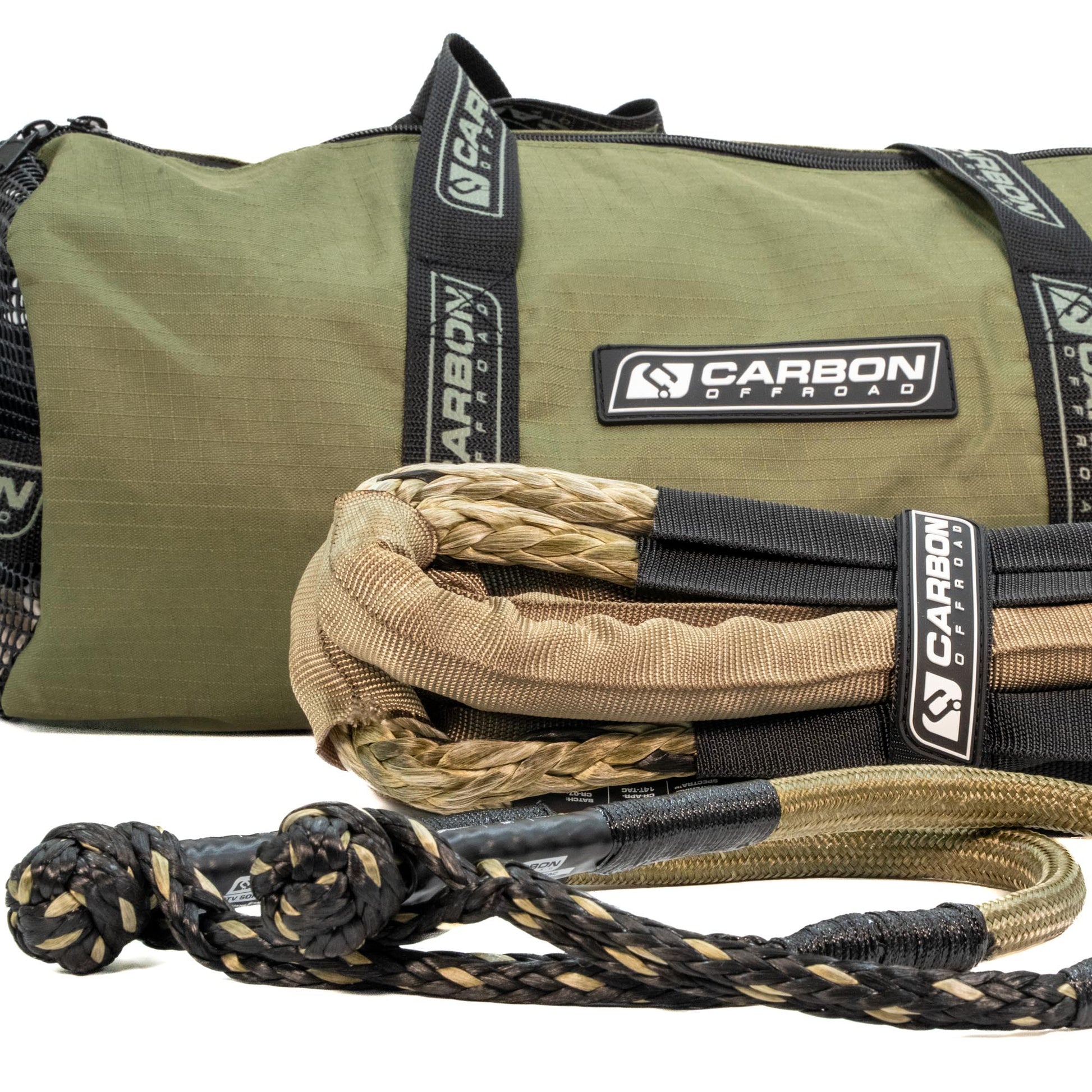TAC recovery rope and soft shackle combo in olive bag Carbon Offroad branding on Tampa Home & Garden Store