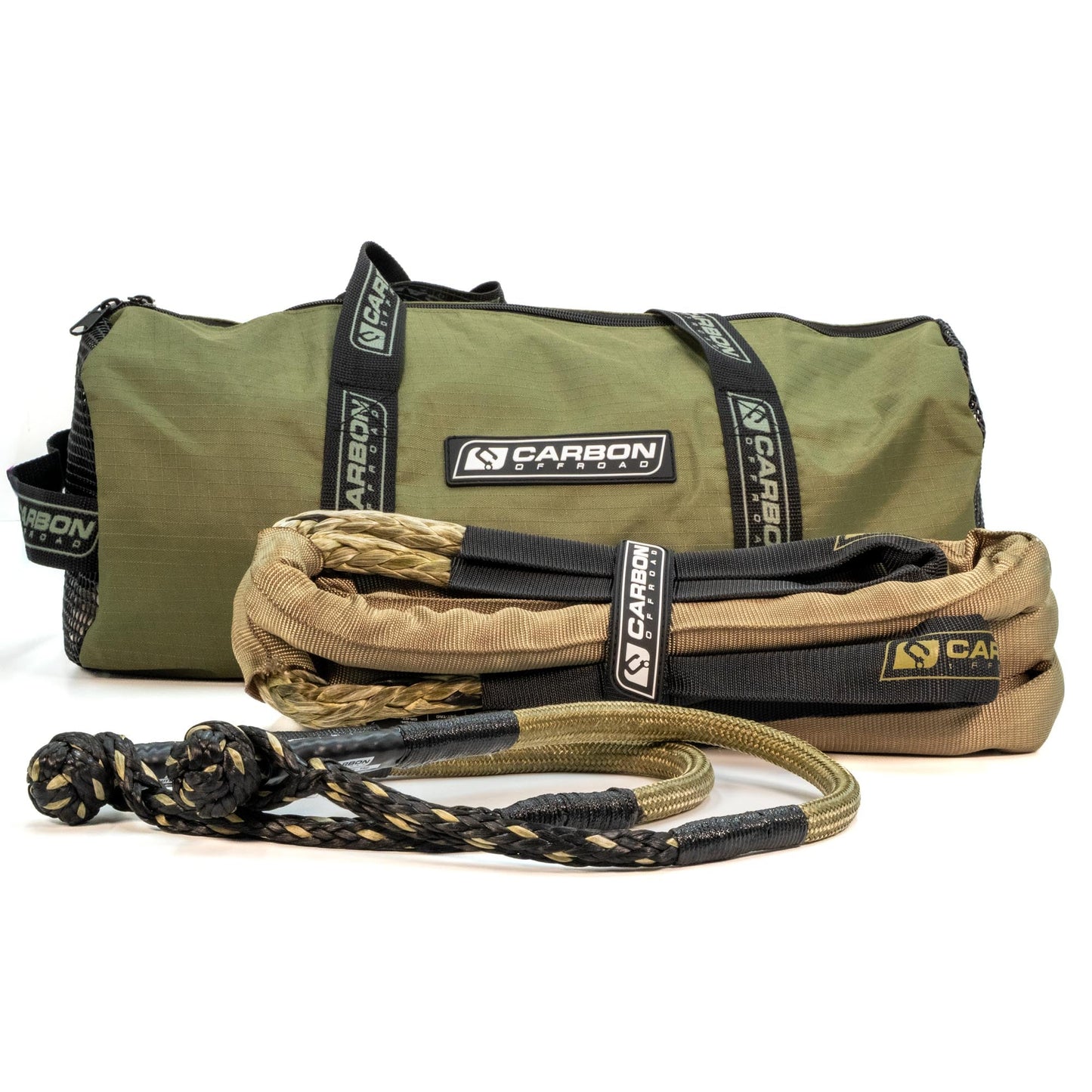 TAC Small Vehicle All Purpose Recovery Rope and Soft Shackle Combo in olive bag with Carbon Offroad USA branding on straps on Tampa Home & Garden Store