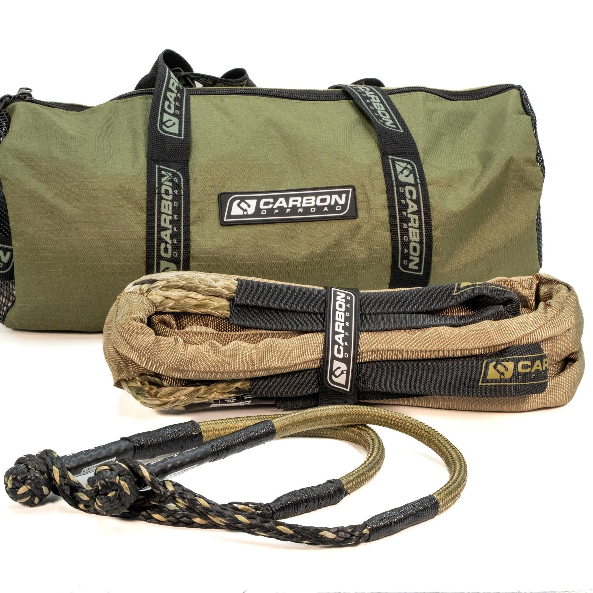 Recovery rope and soft shackle kit from Carbon Offroad in olive duffel with logo straps on Tampa Home & Garden Store